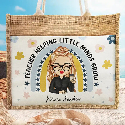 Teacher Helping Little Minds Grow - Personalized Jute Tote Bag