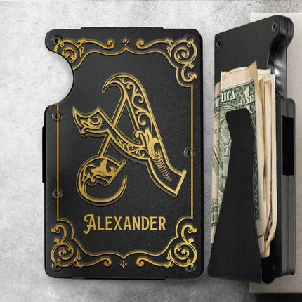 Monogram Vintage Old Letter Custom Name - Personalized Card Wallet With Money Clip