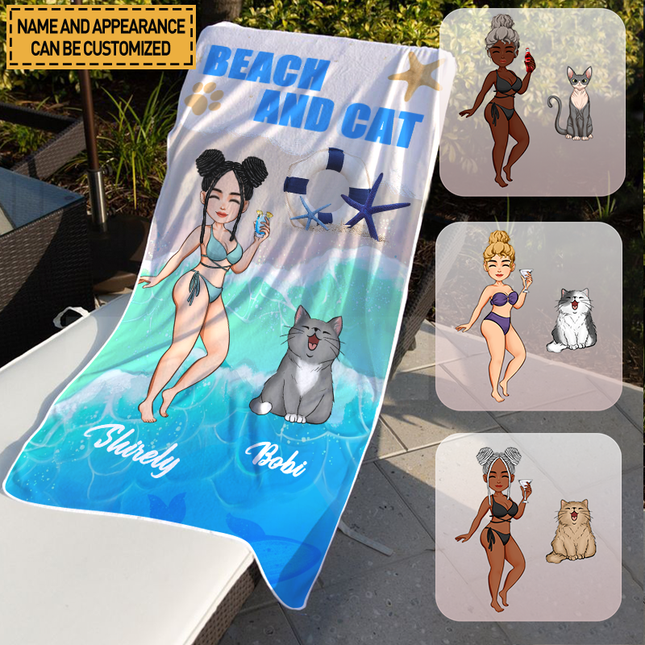 Summer Cute Cat And Beach Beach Towel  Customized Beach Towel - Gift For Cat lover