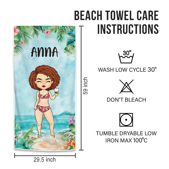 Chibi Lady Summer Vibe Gift For Bestie, Best Friend Personalized Custom Beach Towel