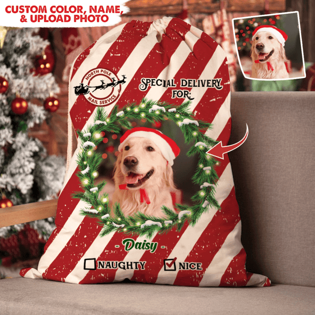 Candy Cane Christmas Santa Sack, Custom Photo Christmas Sacks