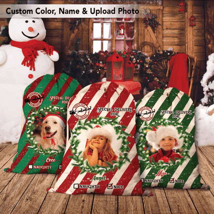 Candy Cane Christmas Santa Sack, Custom Photo Christmas Sacks