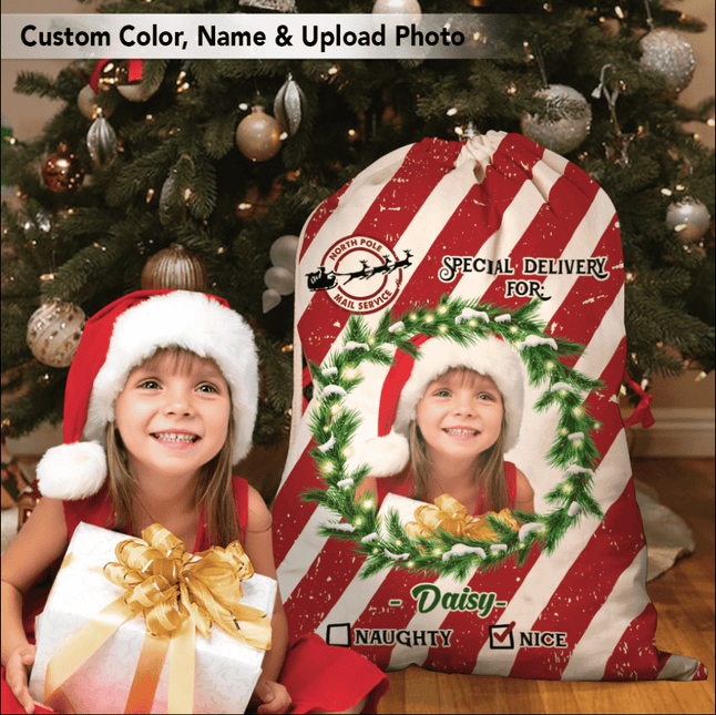 Candy Cane Christmas Santa Sack, Custom Photo Christmas Sacks