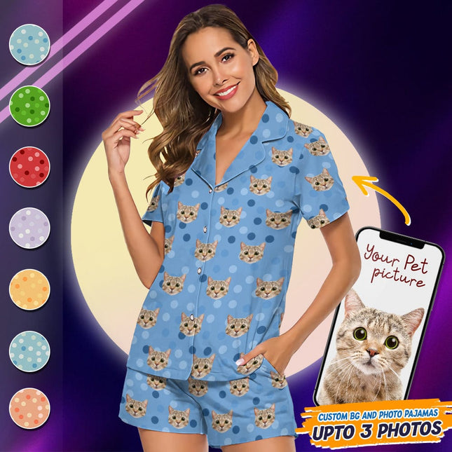 Custom Cat Photo With Polka Dots Pattern Short Pajamas