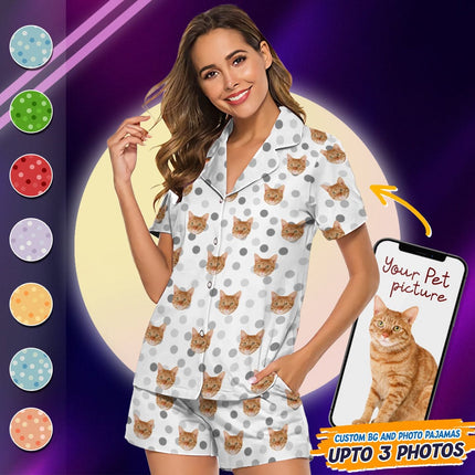 Custom Cat Photo With Polka Dots Pattern Short Pajamas