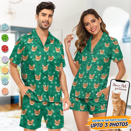 Custom Cat Photo With Polka Dots Pattern Short Pajamas