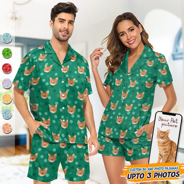 Custom Cat Photo With Polka Dots Pattern Short Pajamas