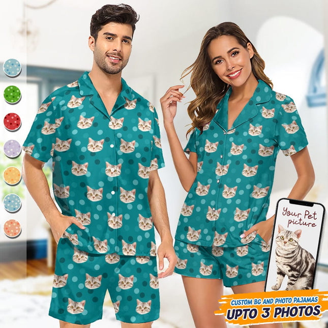 Custom Cat Photo With Polka Dots Pattern Short Pajamas