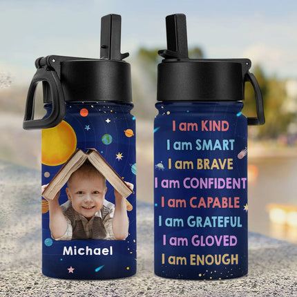 Custom Photo I Am Enough Back To School Gift For Grandkid Kid Water Bottle With Straw