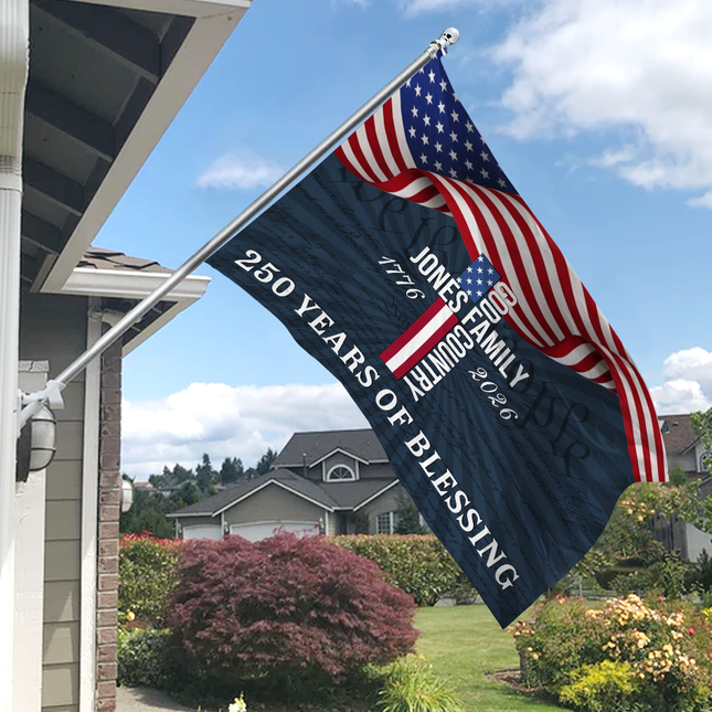 Custom Family Name Patriotic American, 250 Years of Blessing God House Flag