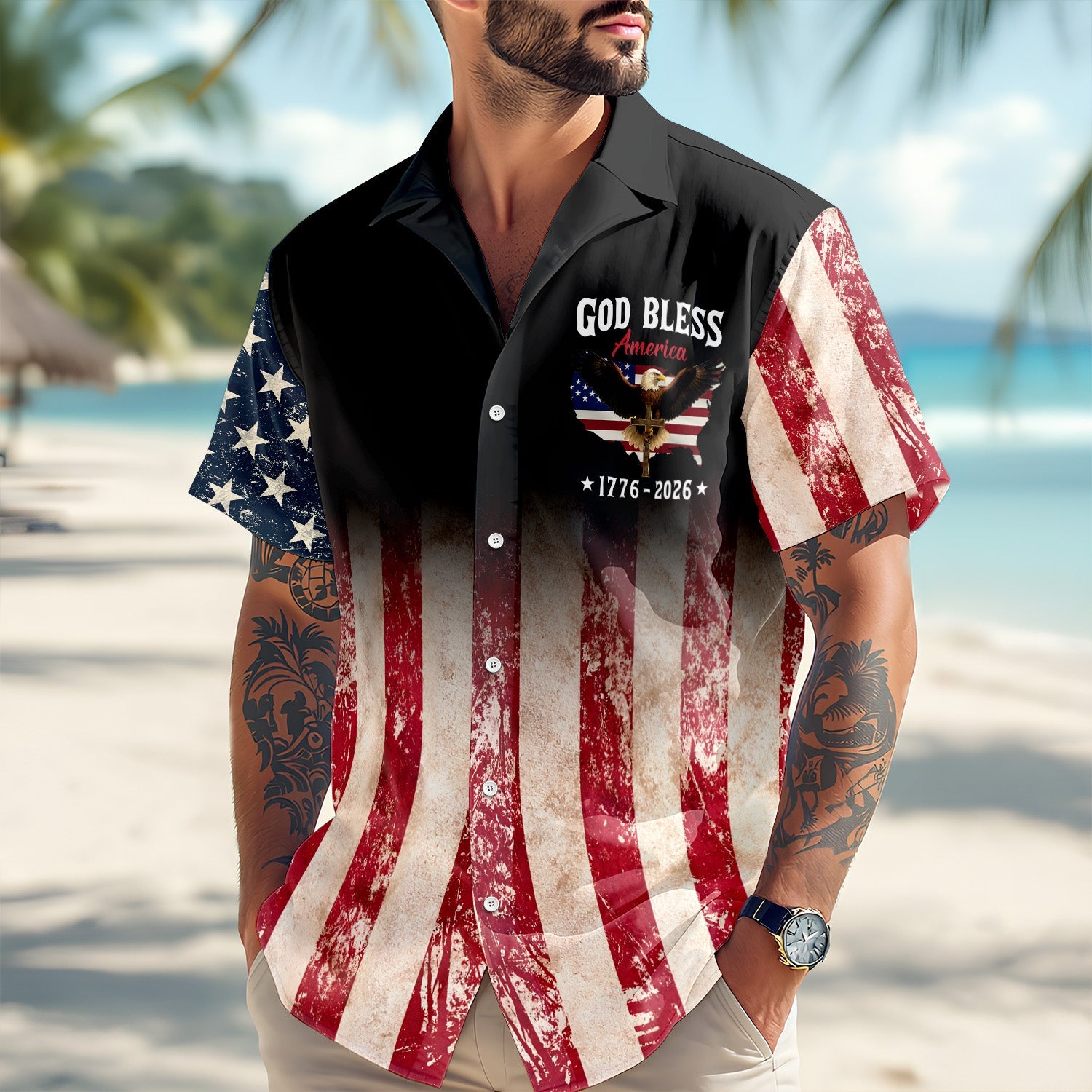 Patriotic 250th Anniversary God Bless America Eagle 1776–2026 Hawaii Shirt